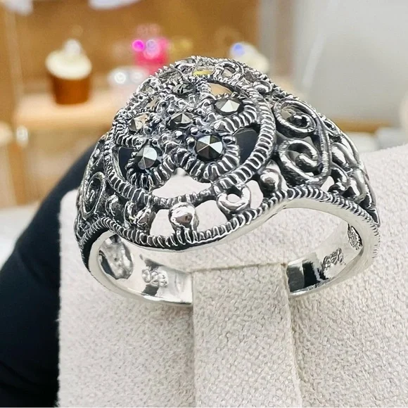 Sterling Silver Marcasite Filigree Art Lace Embroidery Cocktail Ring Size 9 - Picture 4 of 5